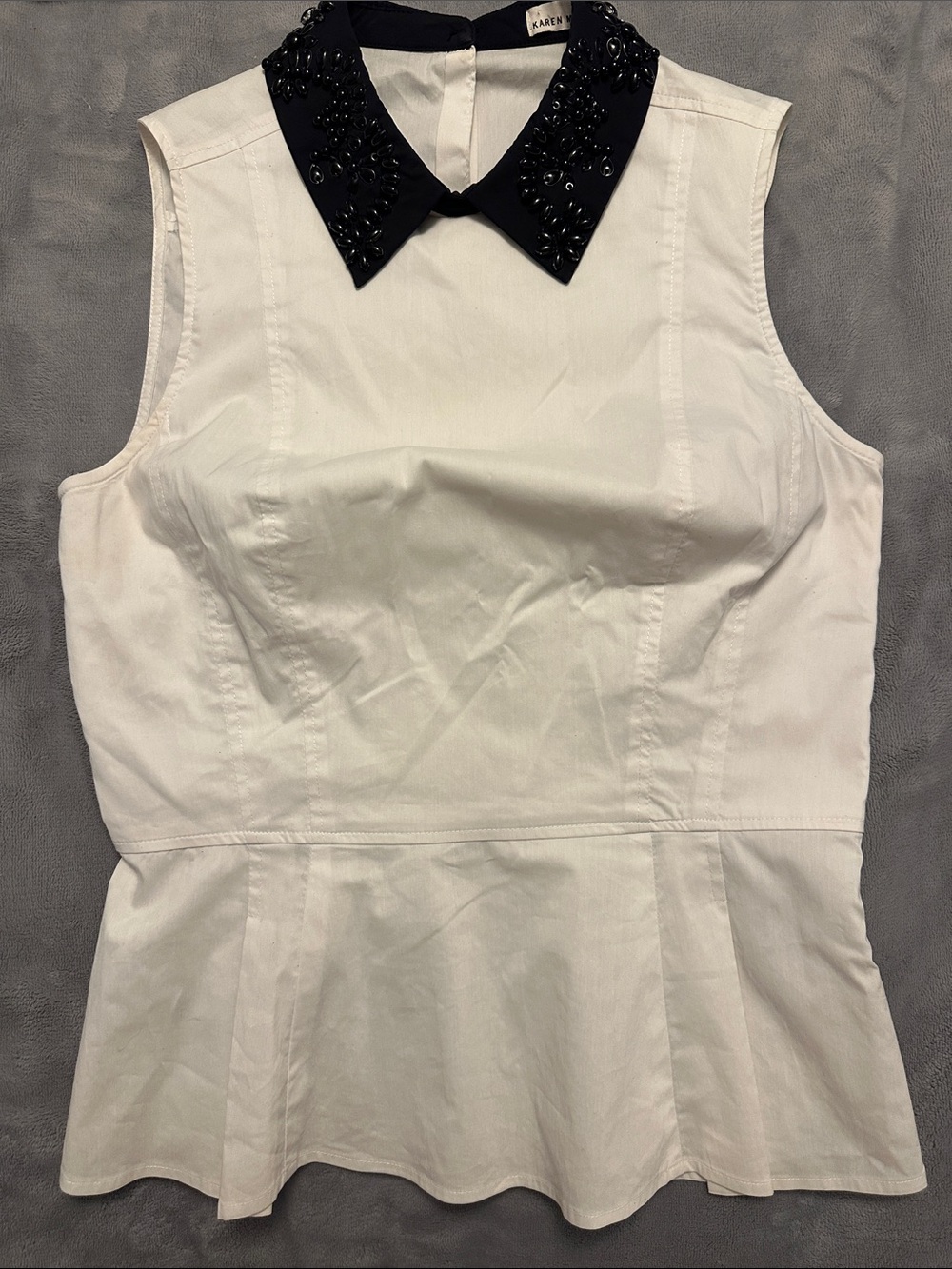 Karen Millen White Peplum Blouse Top with Black Beaded Collar